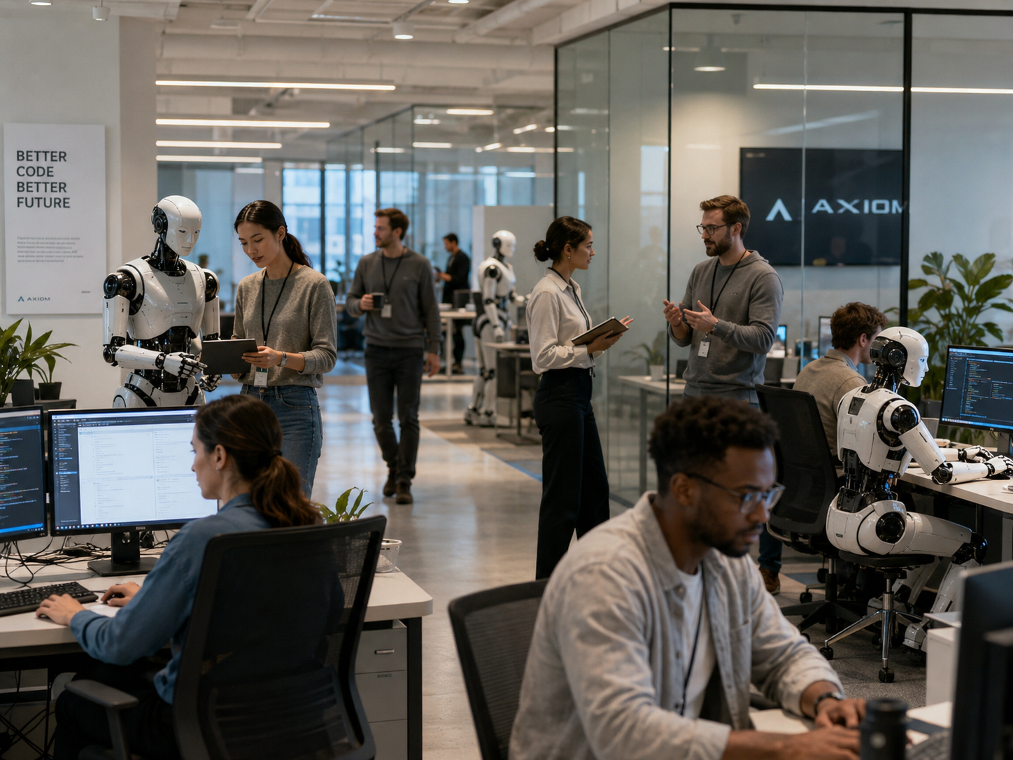 An office of human and AI workers. Illustration.