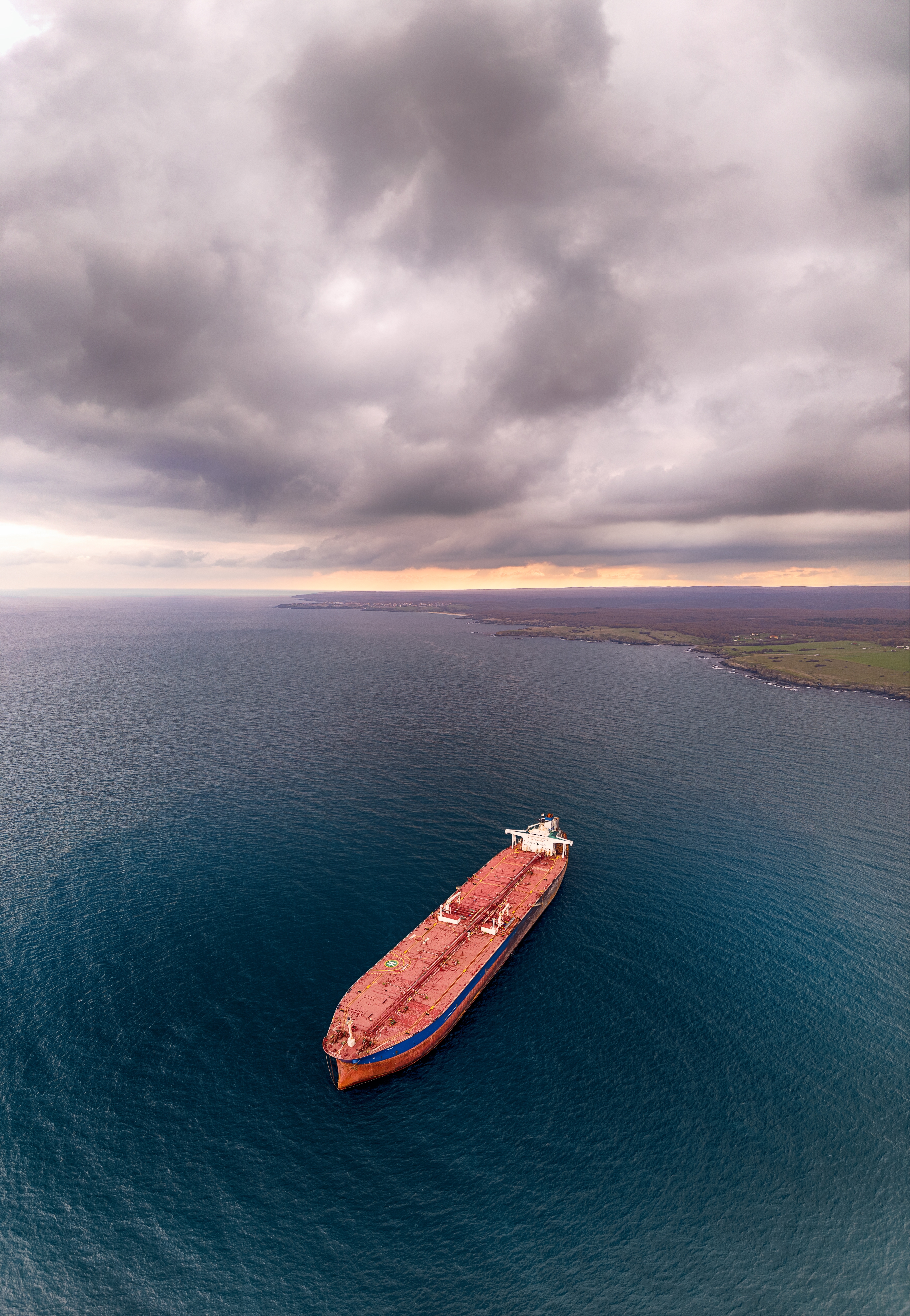 Aerial drone footage of the sanctioned Russian "shadow fleet" tanker "Kairos" near the Bulgarian Black Sea coast.