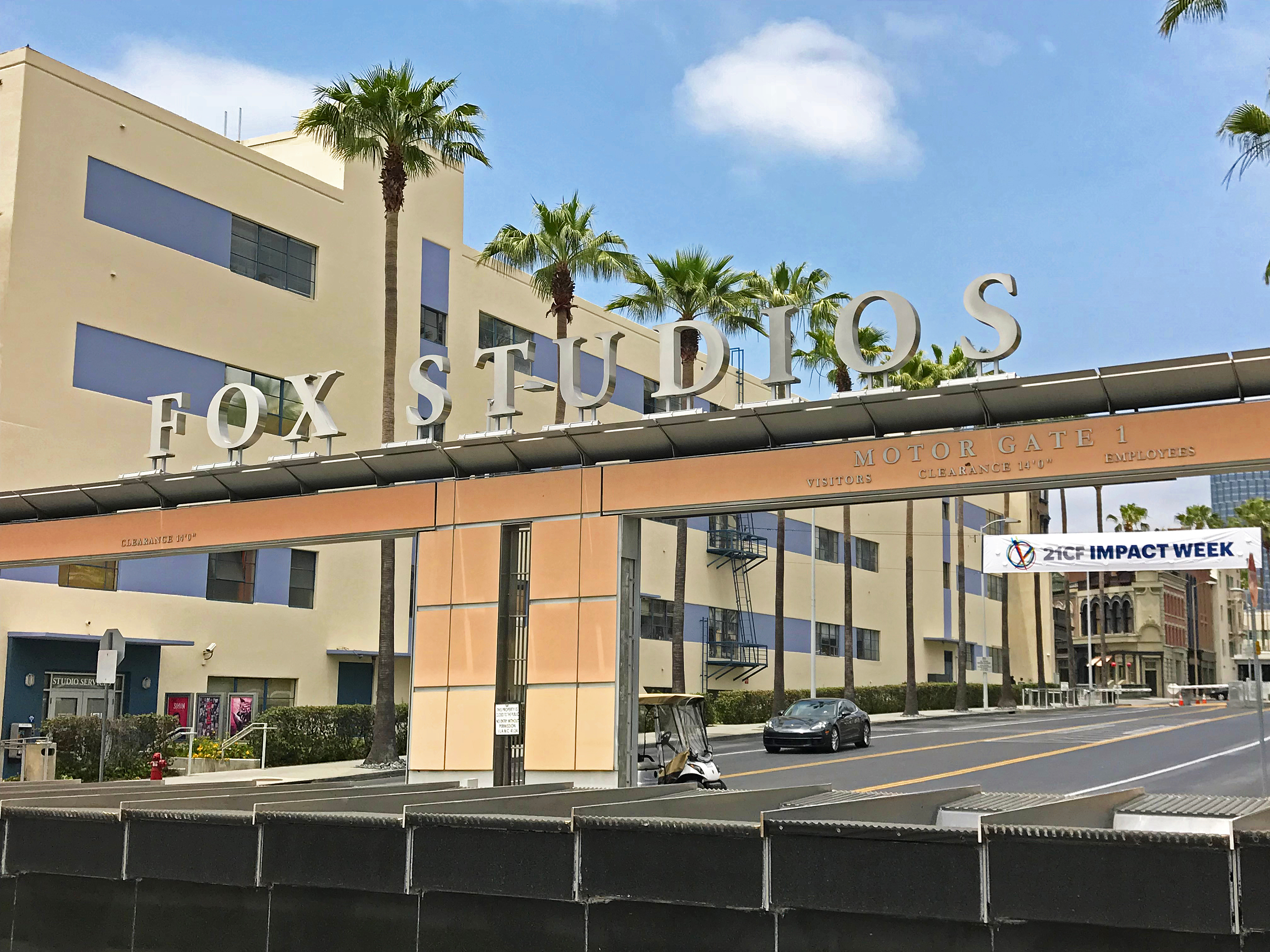 The Fox Studios logo and sign above the entrance to the 20th Century Fox Studios lot.