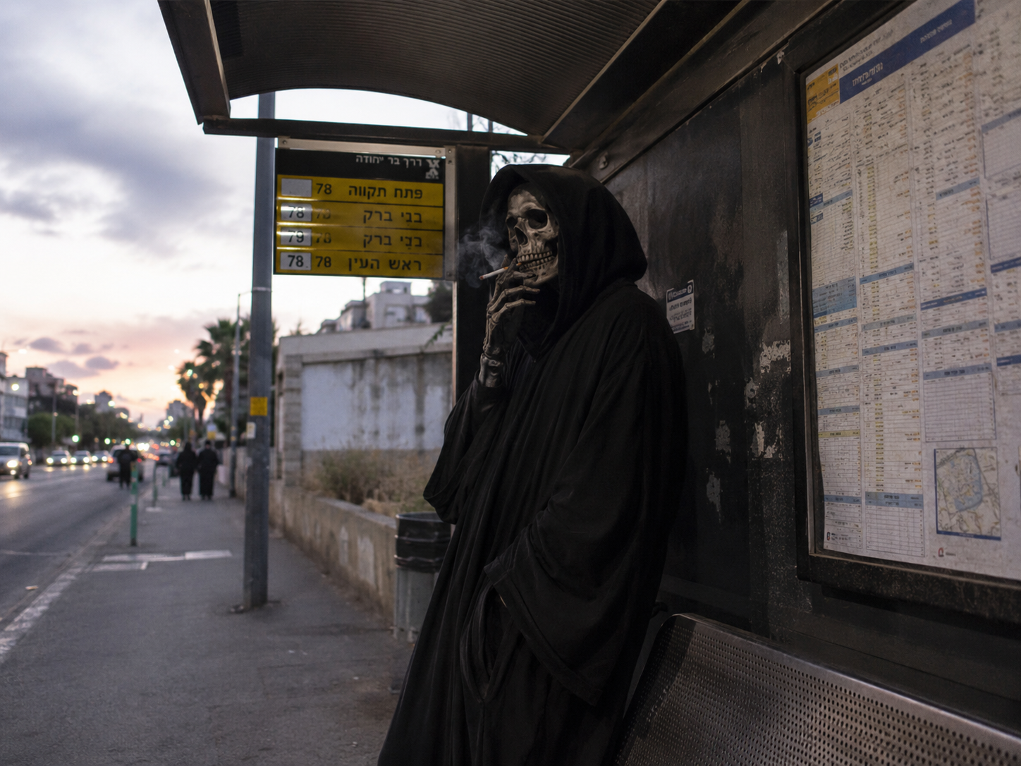 Death on its way to help Israelis smoke. Illustration.