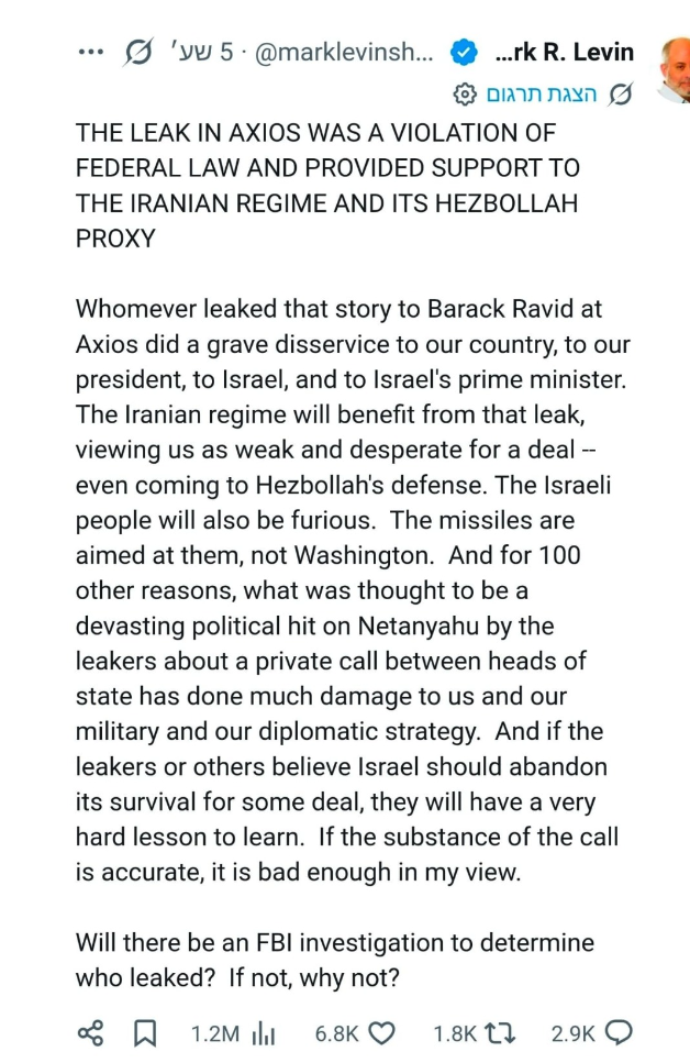 Mark Levin Blasts Leak of Explosive Trump-Netanyahu Call