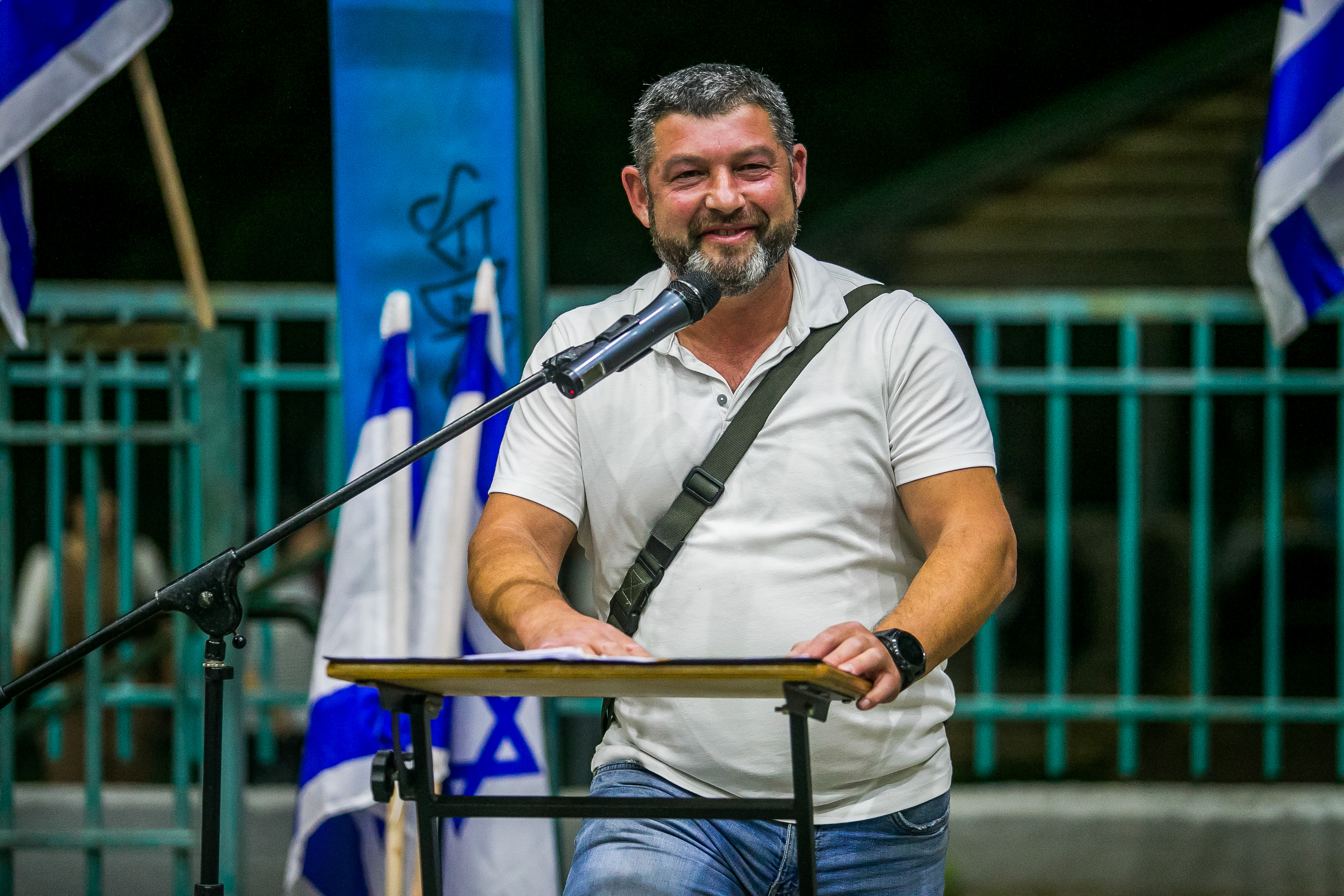 Brig. General (res.) Ofer Winter speaks during Jerusalem day event in Ariel, in the West Bank, June 4, 2024.