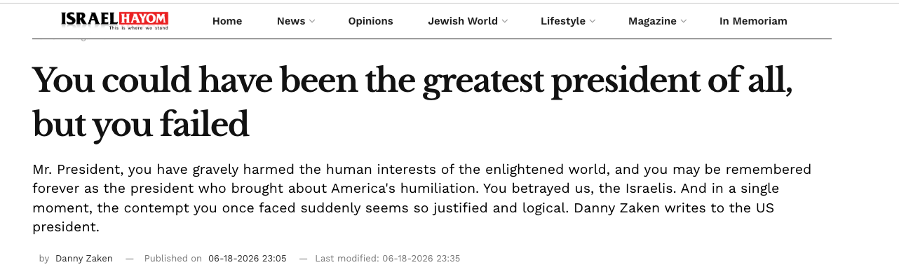 Israel Hayom, Once Trump's Biggest Israeli Cheerleader, Runs Scathing Op-Ed: 'You Made a Colossal Mistake' 