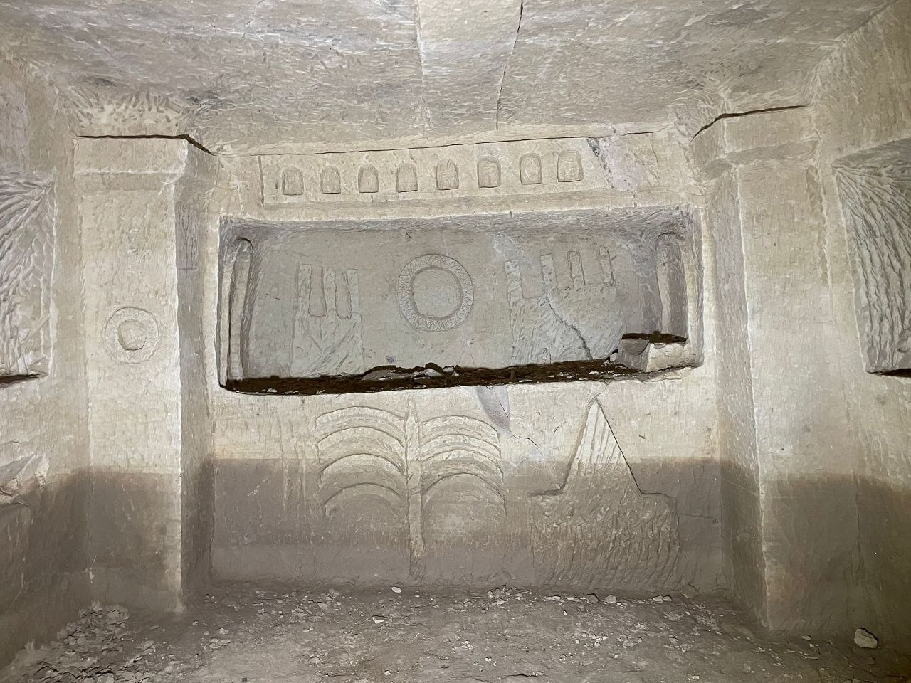 An ancient Jewish menorah in an ornate burial cave west of Hebron