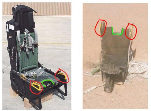 The ejection seat of the American pilot who went down in Iran - yellow ejection handles mounted on the sides of the seat used to activate the ejection mechanism.