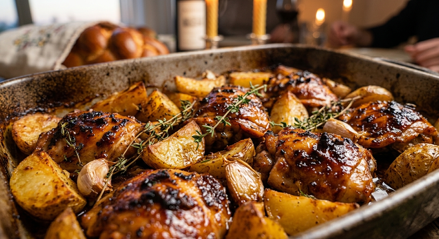 Honey-glazed chicken with roasted potatoes for Shabbat