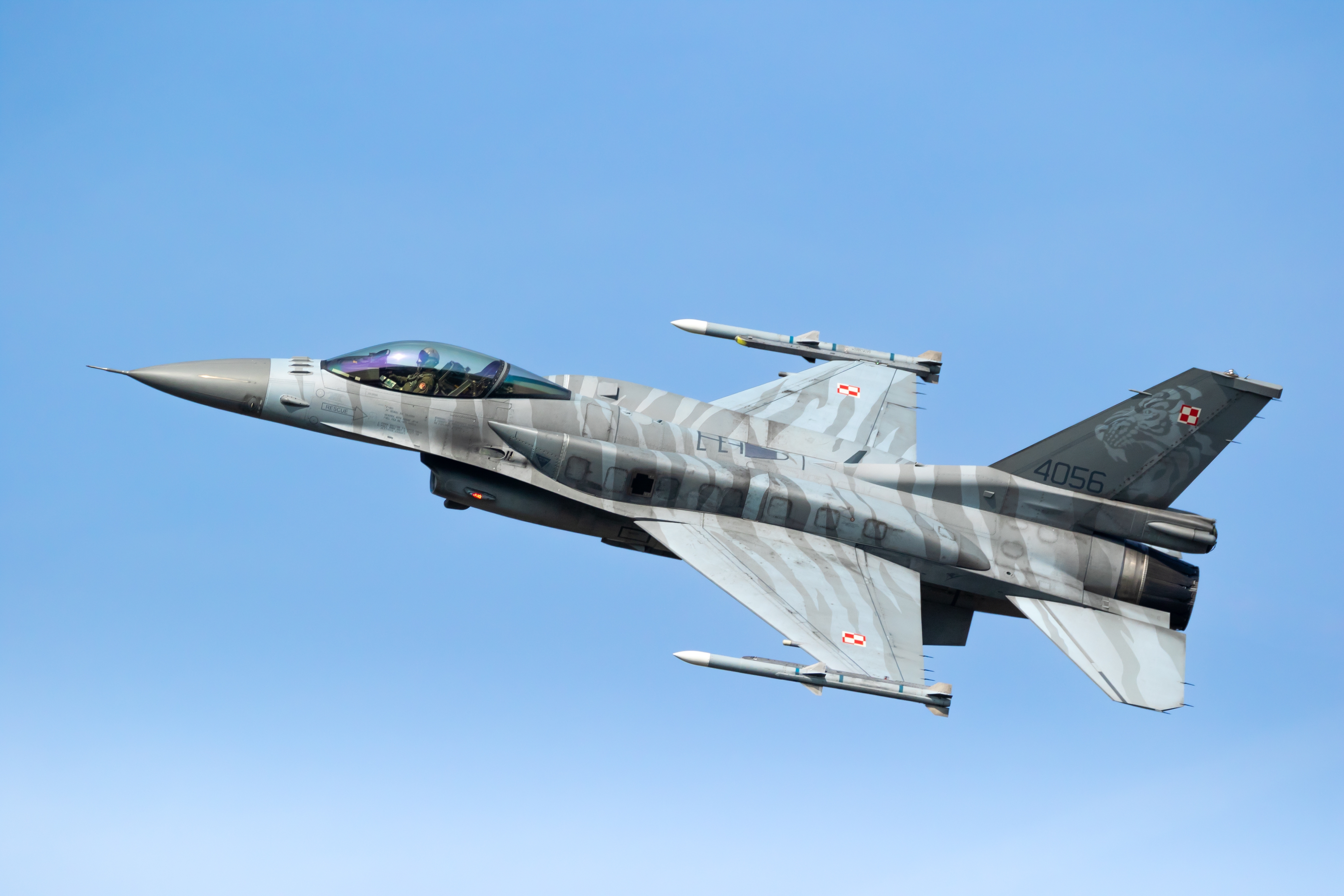 Polish Air Force F-16C fighter jet taking off from Kleine Brogel Air Base