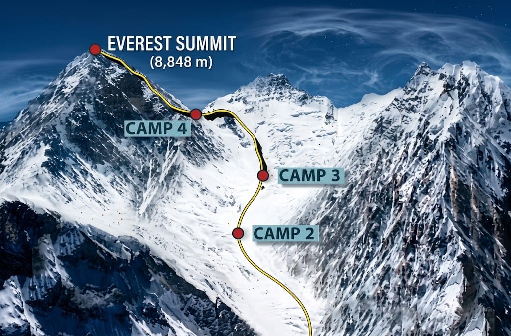 The final station before the summit: Camp 4 (7,900m) — gateway to the "Death Zone", from which climbers depart in the middle of the night for the final push to 8,848 metres.
