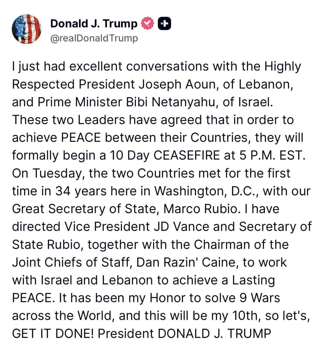 Trump announces ceasefire on Social media