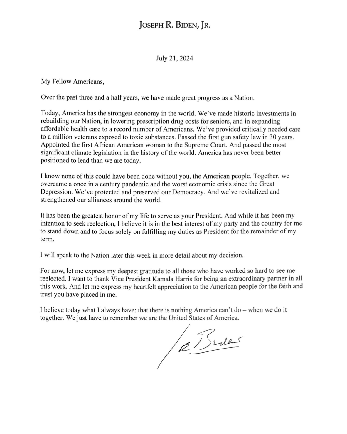 Biden's official letter withdrawing from the Presidential Race