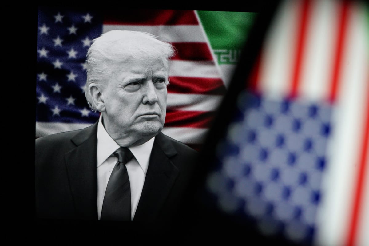 Trump; Iranian and US flags