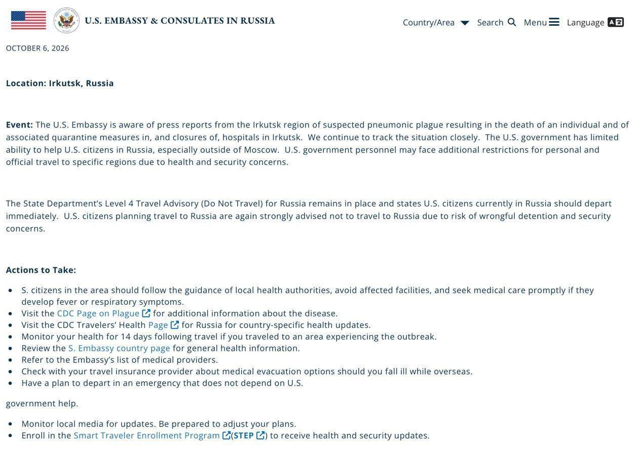 The US embassy in Russia warned Americans of the plague threat and called on them to leave Russian territory immediately. Photo: social media