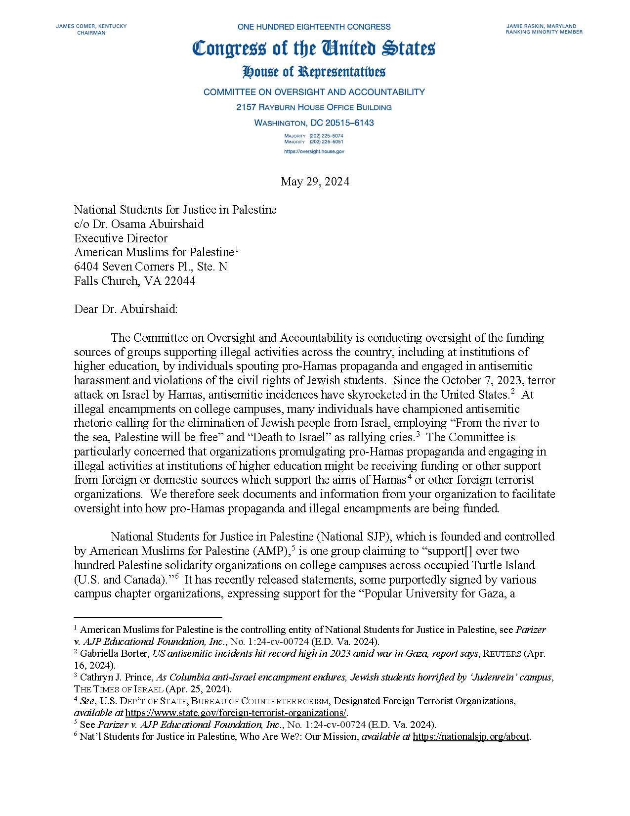 House Oversight Committee letter to Students for Justice in Palestine (1/4).
