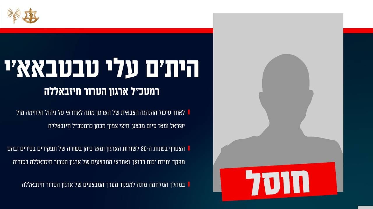 IDF confirms elimination of Ali Tabatabaei, the de facto Hezbollah Chief of Staff