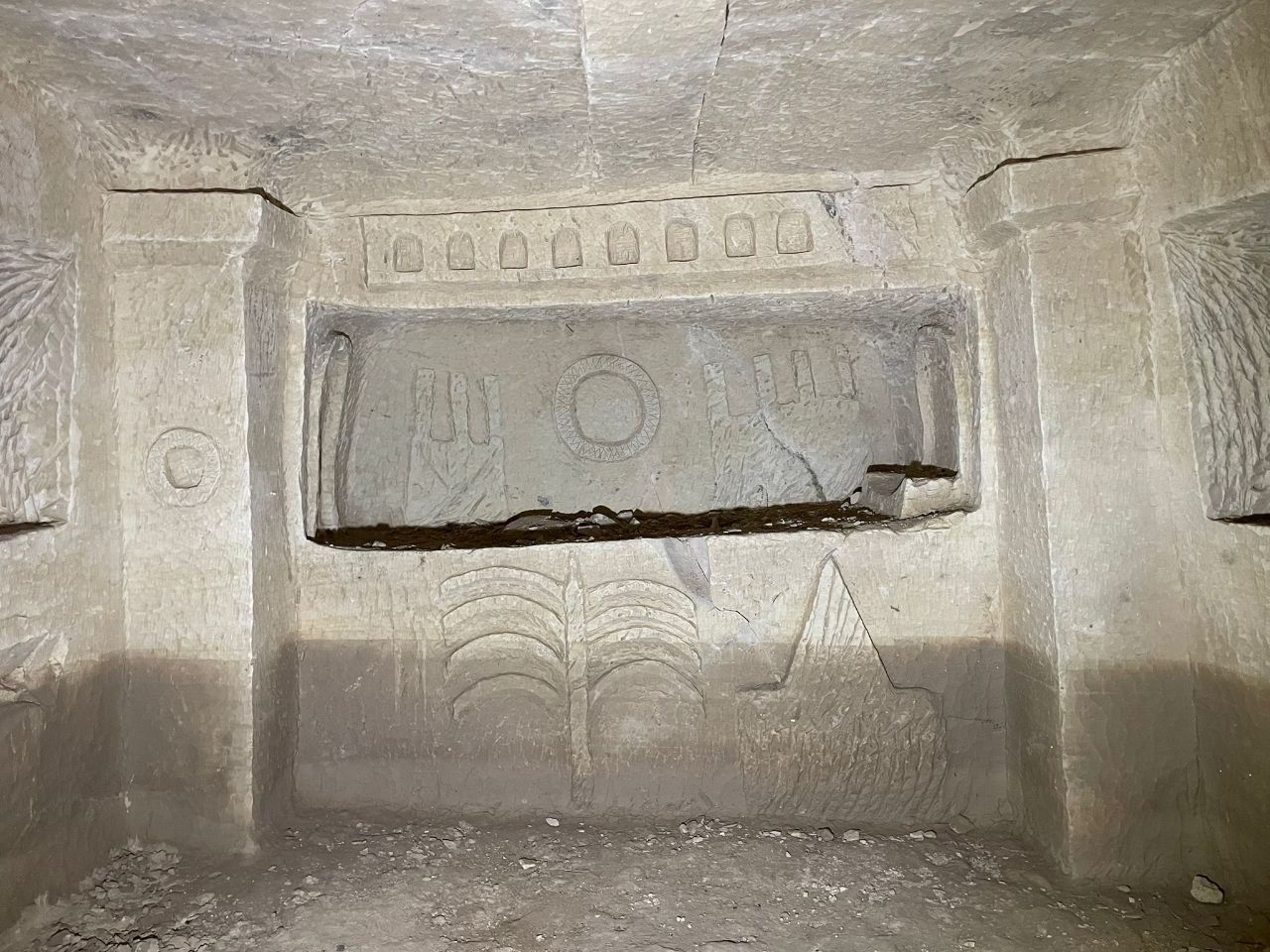 An ancient Jewish menorah in an ornate burial cave west of Hebron