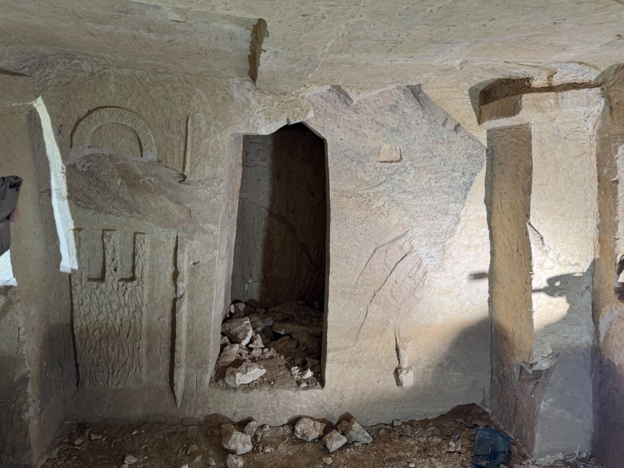 An ancient Jewish menorah in an ornate burial cave west of Hebron