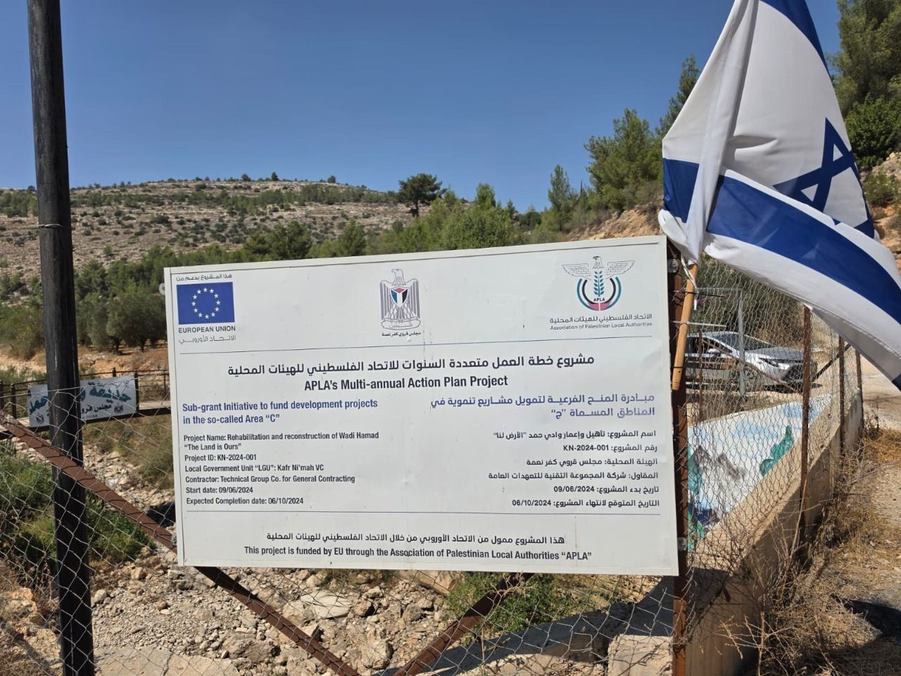 Israeli flag on signage emphasising that the European Union funded the site's restoration in "what the Israelis call Area C"