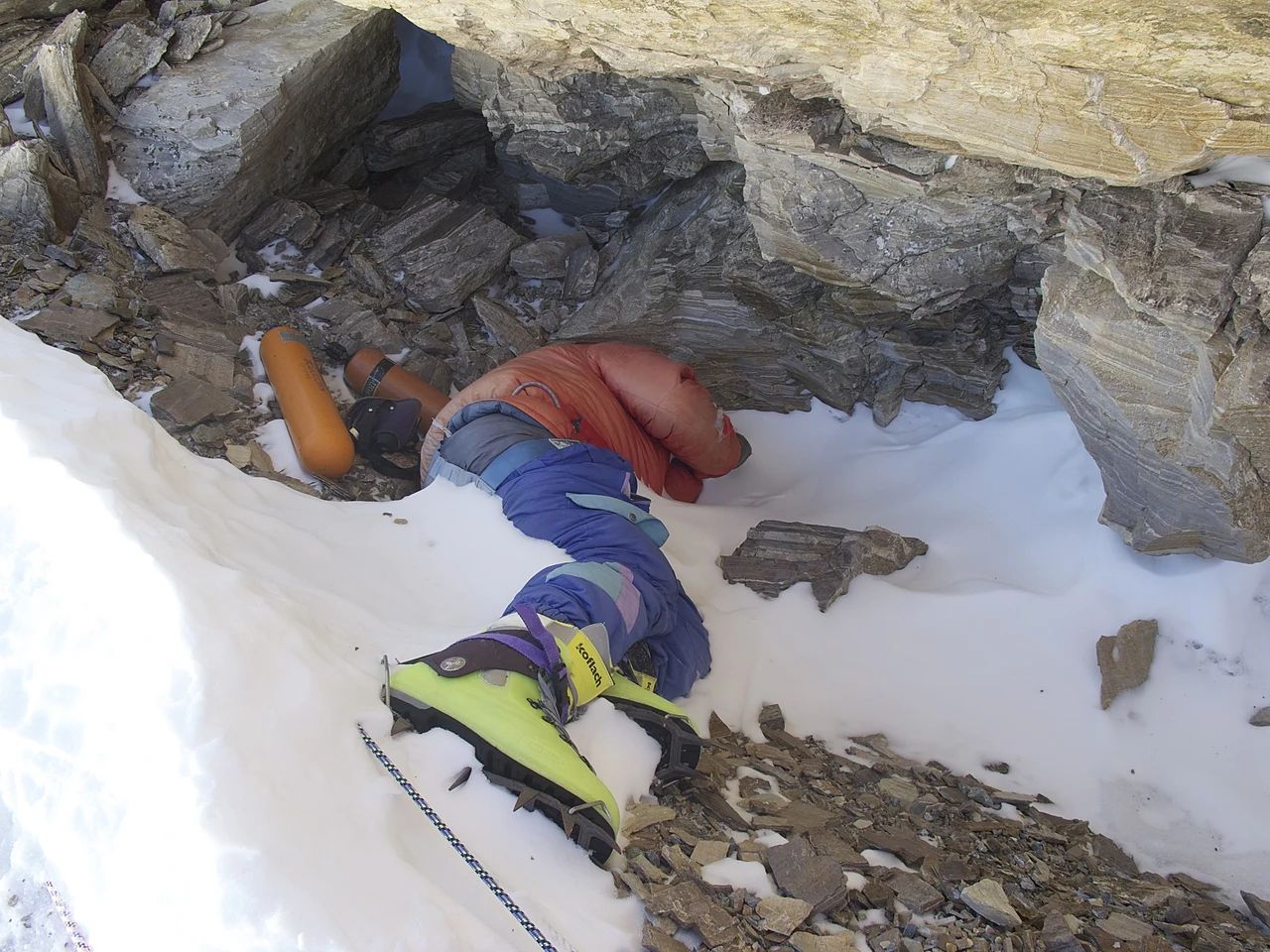 "Green Boots": the body of Sherpa/Indian climber Tsewang Paljor, who died in the 1996 storm and became one of the most recognised and tragic landmarks on the Everest climbing route in the "Death Zone".