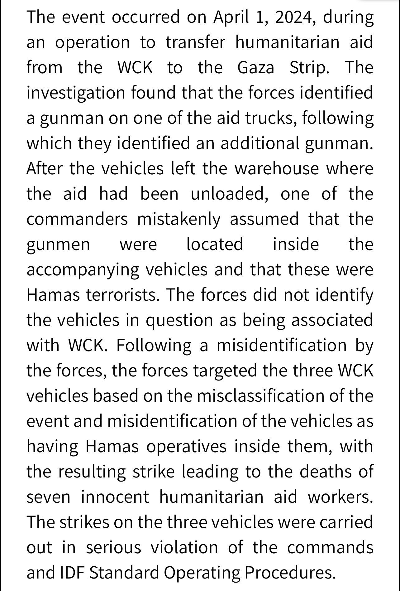 World Central Kitchen incident investigation summary.