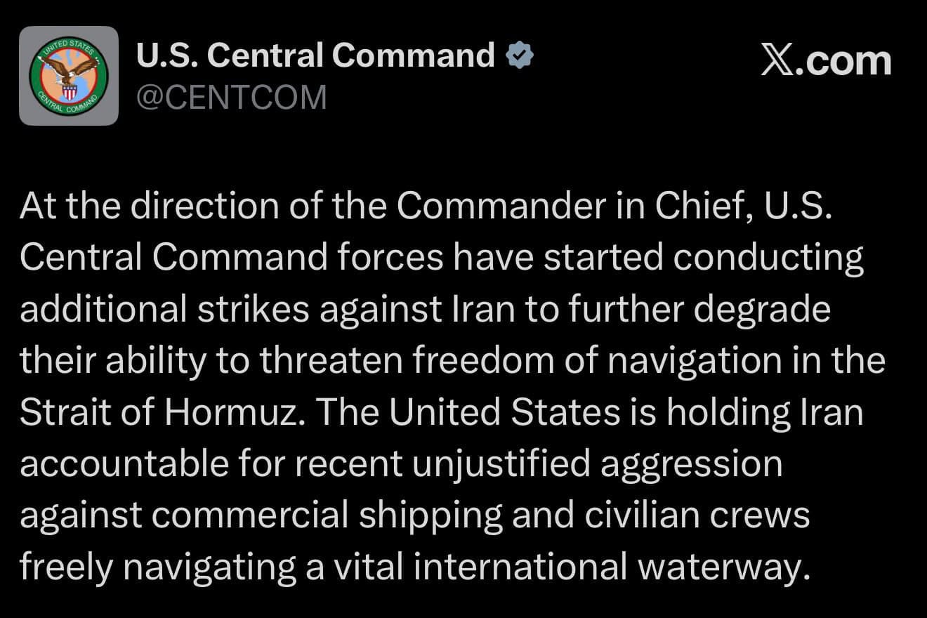 U.S. Central Command confirms Iran strikes on X