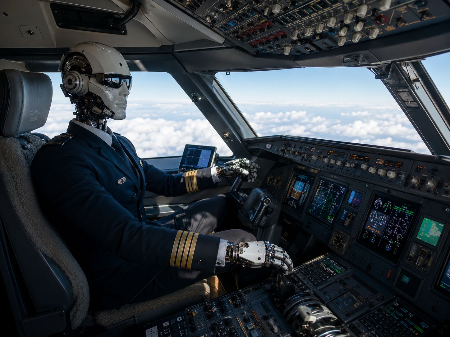 A robot pilot at the controls of a jet. Illustration.