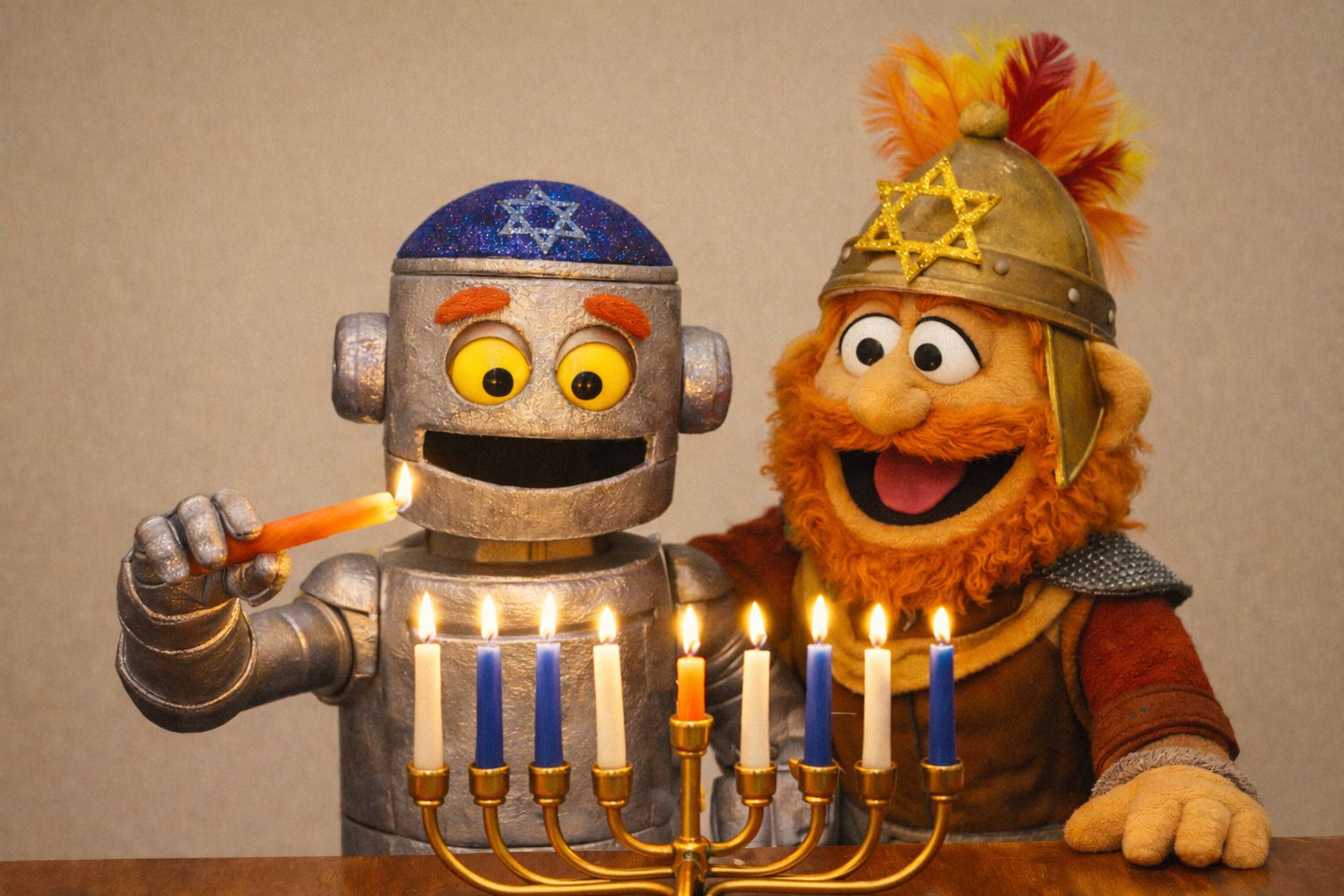 Judah Maccabee lighting Chanuka candles with a robot, both as Muppets.