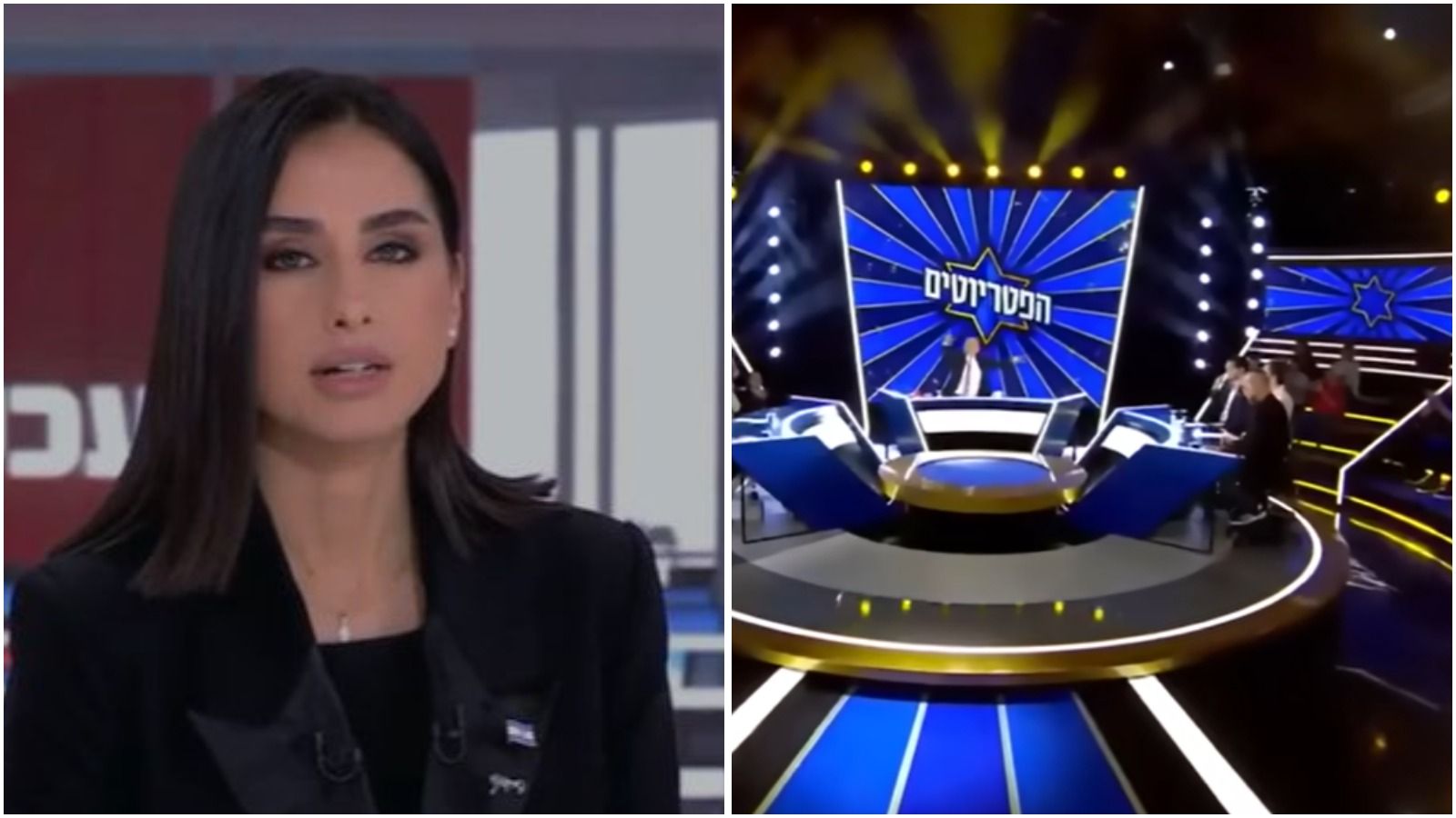 Channel 14 news anchor Magi Tabib and the Patriots studio with Yinon Magal