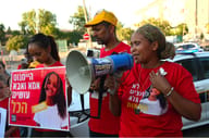 Haimanot Kasso's parents outside Shin Bet headquarters