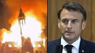 Right: President Macron; left: town hall building ablaze during riots