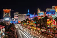 Long exposure photo of the Las Vegas strip at night.