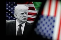 Trump on a background of US And Iranian flags