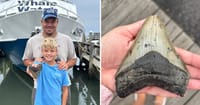 The boy and his father beside the tooth that was found.