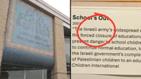 Left: Museum entrance. Right: Sign accusing Israel of shooting at schools in the location.
