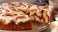 Cinnamon swirl cake with no yeast and no rising — with cinnamon swirls and cream cheese frosting