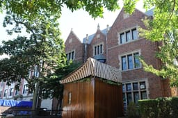 View of a sukka "temporary shelter" built for Sukkot, outside the house of the Lubavitcher Rebbe, 770 Eastern Parkway, the headquarters of Chabad in Crown Heights, Brooklyn