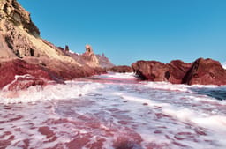 Scenic view of famous Red Beach on Iranian Hormuz Island 