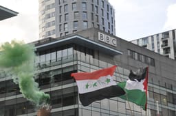  Pro Palestinian protesters set off flares at Media City in Salford outside BBC offices