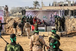 Al-Qassam Brigades hand over Israeli hostages Ofer Kalderon and Yarden Bibas to the Red Cross, as part of the ceasefire agreement between Israel and Hamas, in Khan Yunis, southern Gaza Strip. February 01, 2025. 