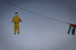 A large doll dressed as an Ultra orthodox jewish soldier that was hang in the ultra-orthodox neighborhood of Mea Shearim, Jerusalem, March 14, 2025.