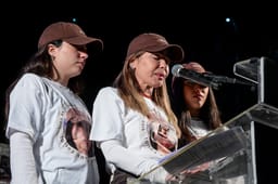 Shira Albag, mother of hostage Liri Albag speaks during a rally calling for the release of Israelis held hostage by Hamas terrorists in Gaza, at "Hostage Square" in Tel Aviv, January 11, 2025. 