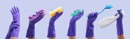 Collection of female hands wearing protective rubber gloves and holding cleaning supplies, hygiene and housekeeping concept See less 