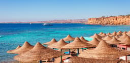 Sunny resort beach on the Red Sea in Sharm el Sheikh, Sinai, Egypt
