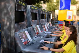  An installation of burned command post with five observer stations to raise awareness of Israeli observation soldiers held hostage in the Gaza Strip, at Hostages Square in Tel Aviv