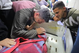 Palestinians pay their last respects to children killed in Israeli airstrikes on the Nuseirat refugee camp. April 22,2025. 