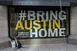 A sign at the National Press Club calling for the release of journalist Austin Tice held captive in Syria since 2012 