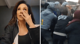 Linet crying; Pro-Palestinian Turkish on the right
