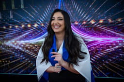 Yuval Raphael, winner of the reality show "The Next Star" speak to the media after winning the final in Neve Ilan, near Jerusalem, January 22, 2025.