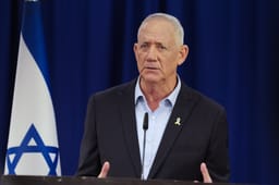 Benny Gantz speaks during press conference in Tel Aviv on August 23, 2025.