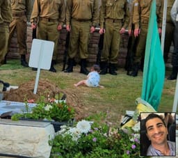 Baby Lior crawling beside his fathers grave at his funeral