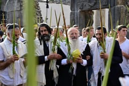 Rabbi Shmuel Eliyahu and his students hold the Four Species as they attend a morning prayer during the Jewish holiday of Sukkot, in Katzrin, northern Israel, on October 12, 2025. 